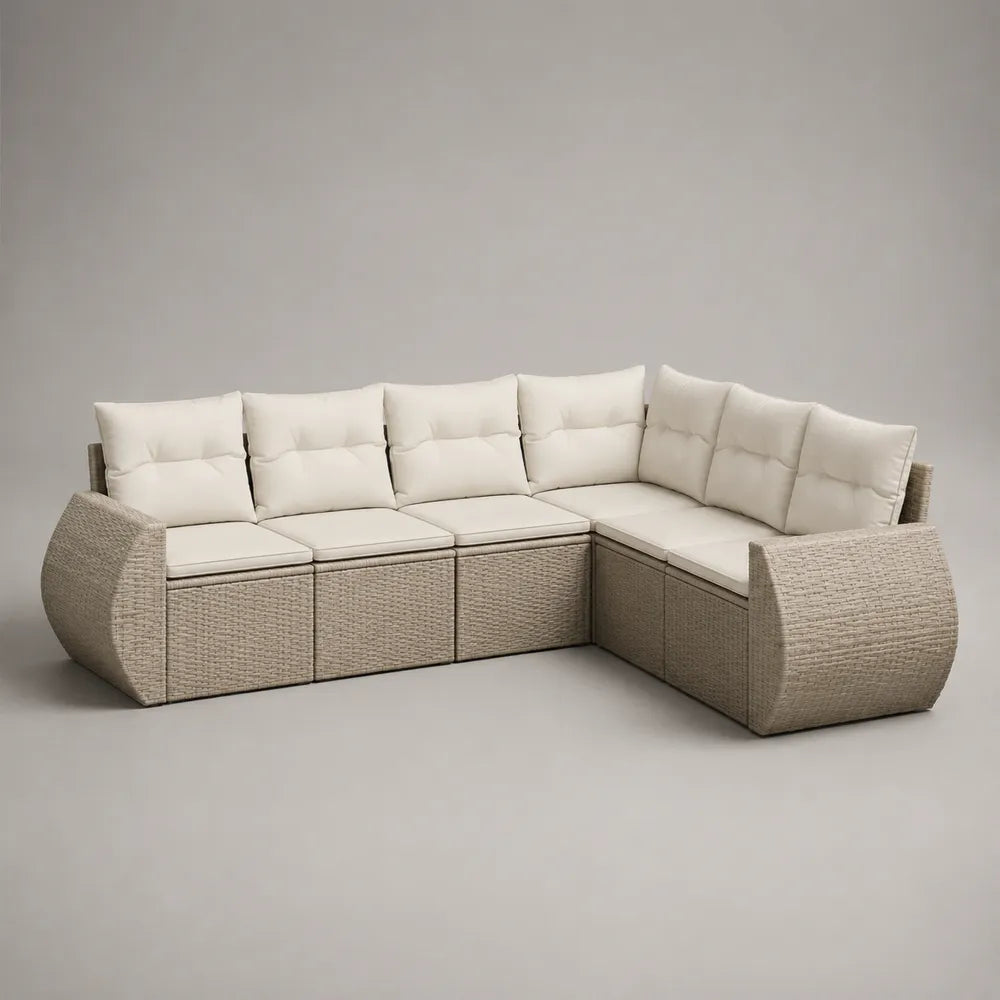 Divano da giardino angolare modulare in rattan sintetico beige con cuscini imbottiti 280x220x70 cm