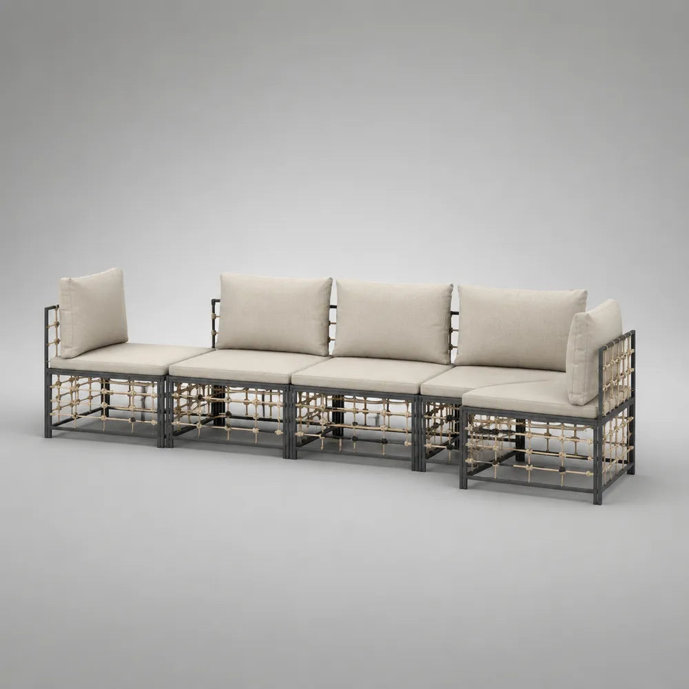 Divano da giardino modulare in rattan sintetico beige con struttura in alluminio e cuscini imbottiti 300x90x75 cm