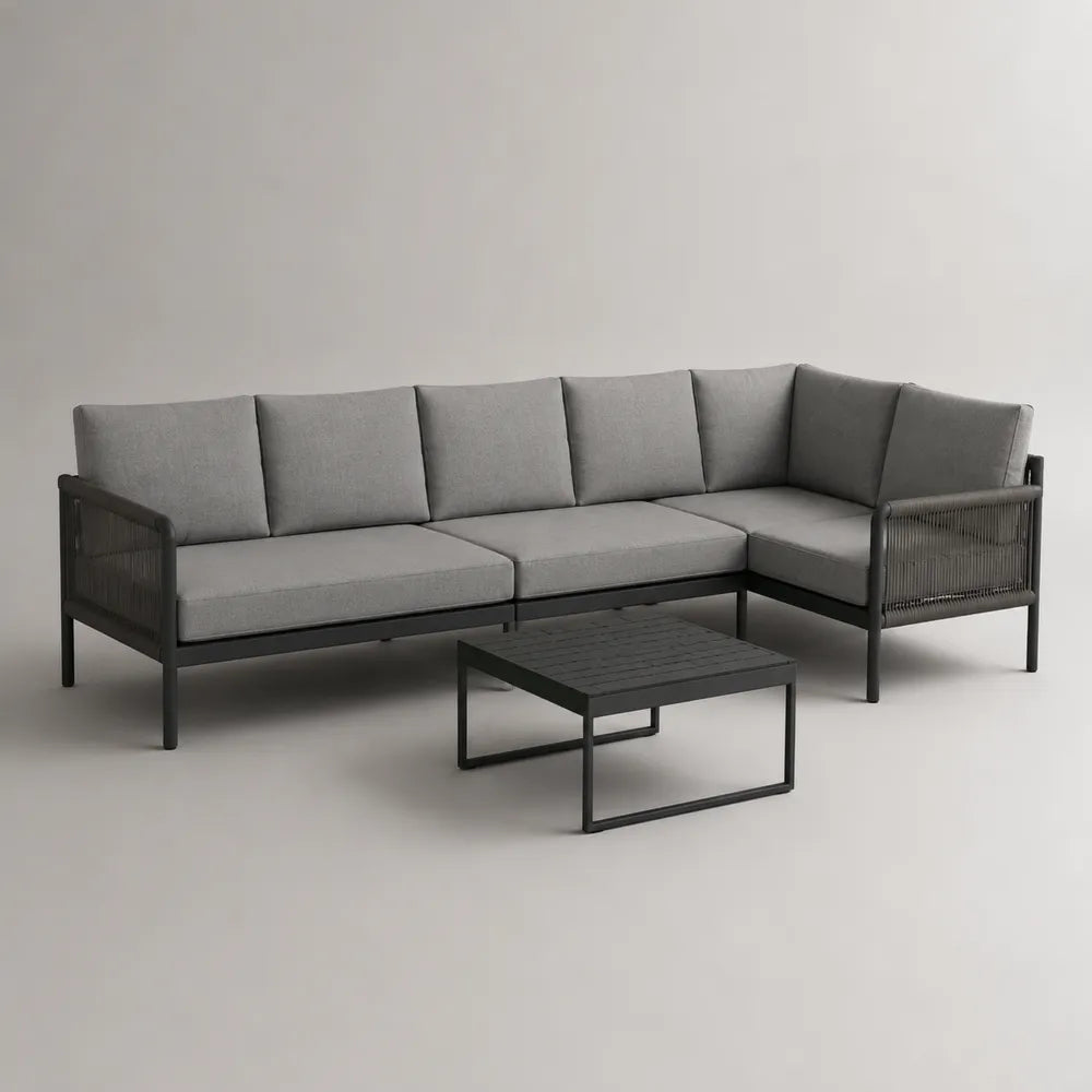 Divano angolare da giardino con tavolino in alluminio e rattan sintetico cuscini in poliestere grigio 280x220x75 cm
