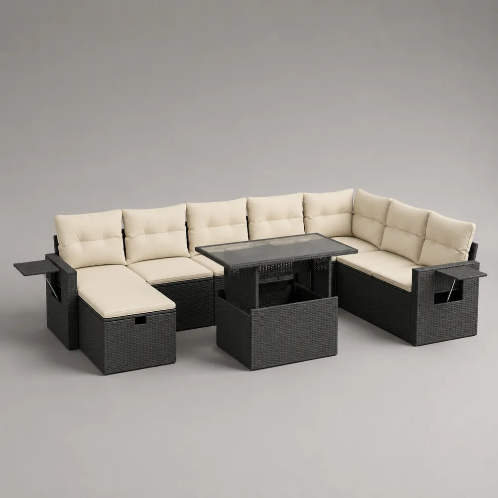 Set divano da giardino modulare con tavolo contenitore in rattan sintetico nero e cuscini beige 320x260x75 cm