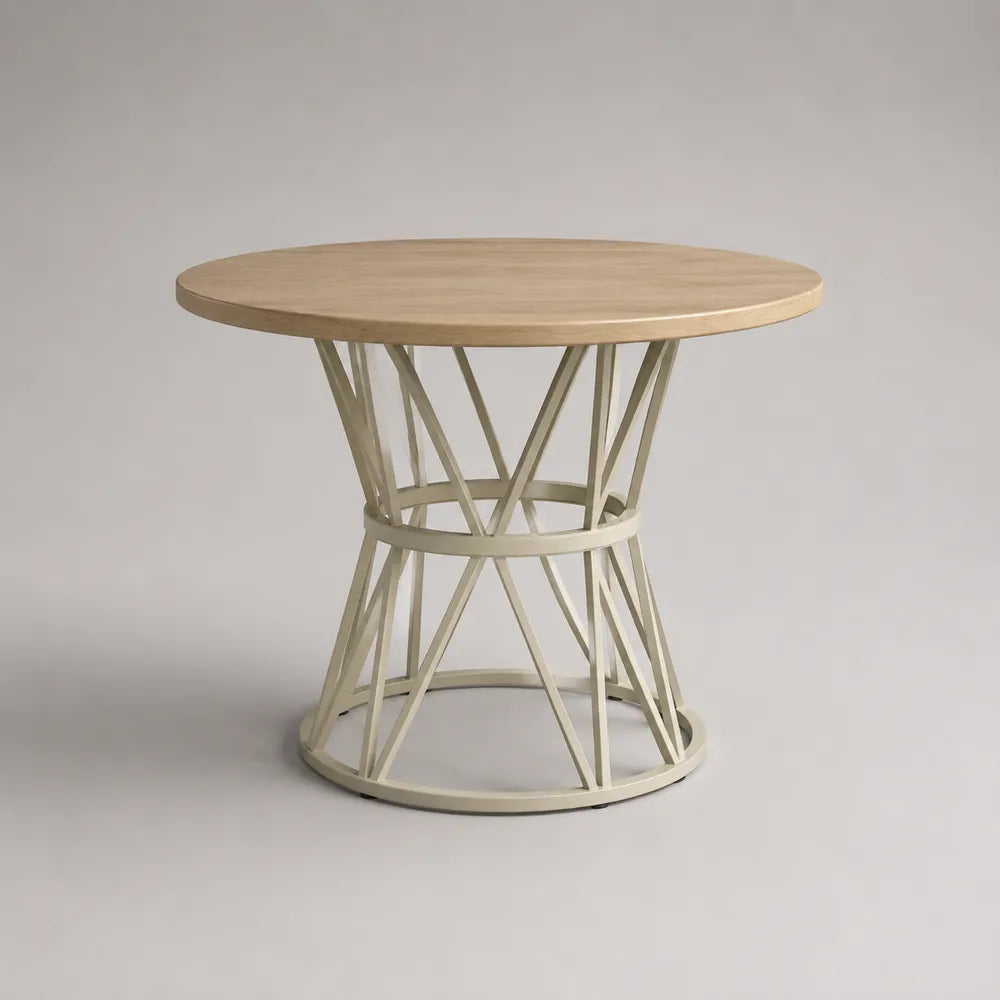 Tavolo da pranzo rotondo con piano effetto rovere e base in acciaio verniciato beige diametro 100 cm altezza 75 cm