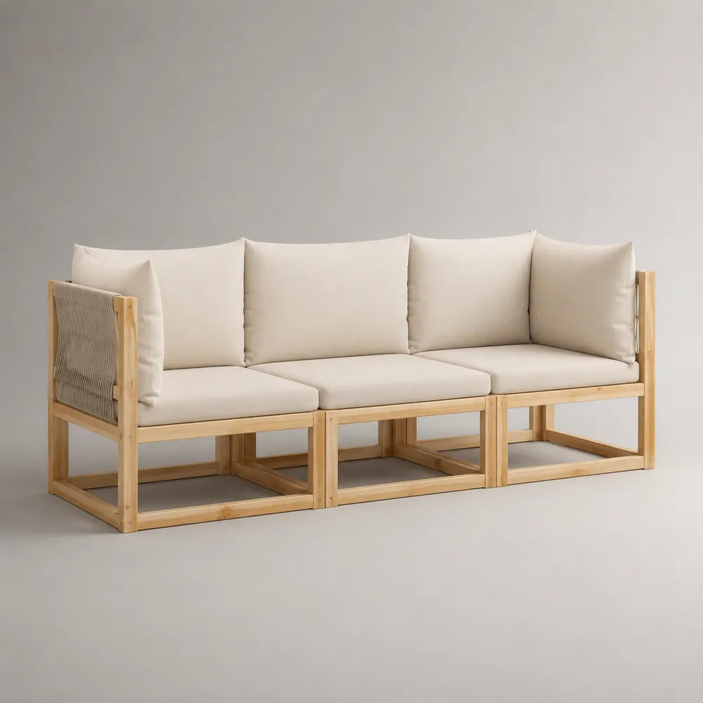 Divano da giardino modulare 3 posti in legno di acacia con cuscini beige 240x80x75 cm