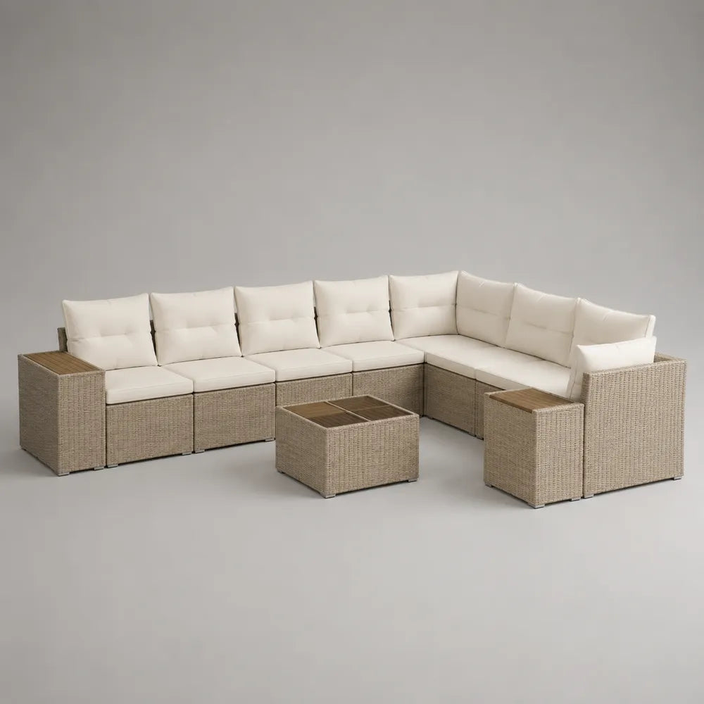 Divano da giardino modulare angolare in rattan sintetico con cuscini in poliestere beige bianco 400x300x75 cm