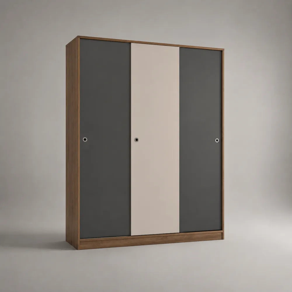 Armadio scorrevole a 3 ante in MDF effetto noce grigio e beige 240x60x220 cm struttura rettangolare