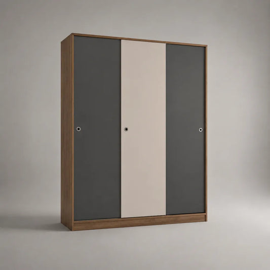 Armadio scorrevole a 3 ante in MDF effetto noce grigio e beige 240x60x220 cm struttura rettangolare