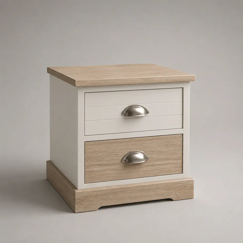 Comodino camera da letto con 2 cassetti in MDF effetto rovere chiaro e bianco rettangolare 50x40x45 cm