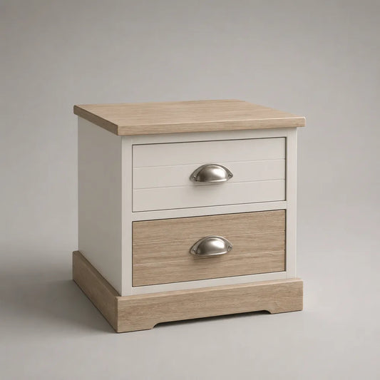 Comodino camera da letto con 2 cassetti in MDF effetto rovere chiaro e bianco rettangolare 50x40x45 cm
