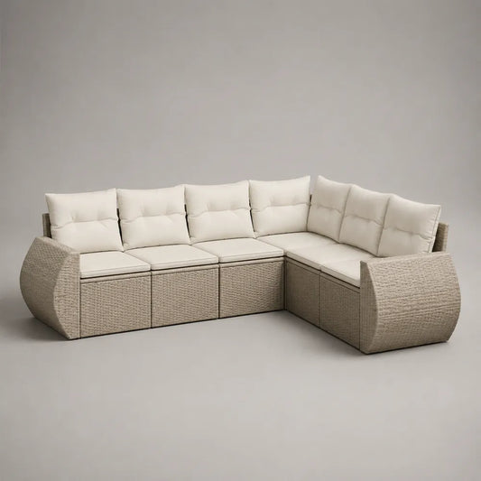 Divano da giardino angolare modulare in rattan sintetico beige con cuscini imbottiti 280x220x70 cm