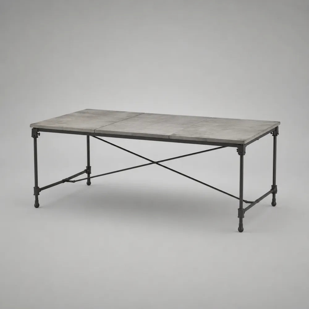 Tavolo da pranzo rettangolare con piano effetto cemento e struttura in acciaio nero 200x90x75 cm