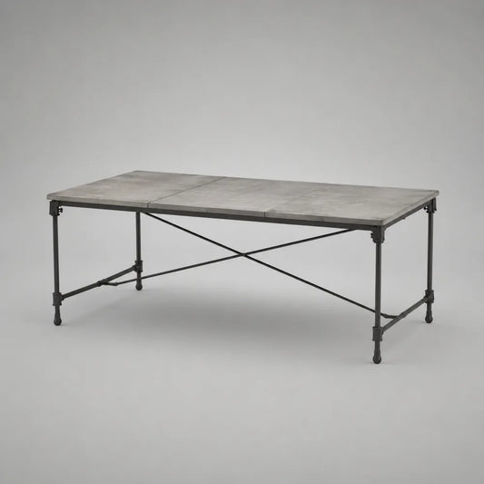 Tavolo da pranzo rettangolare con piano effetto cemento e struttura in acciaio nero 200x90x75 cm