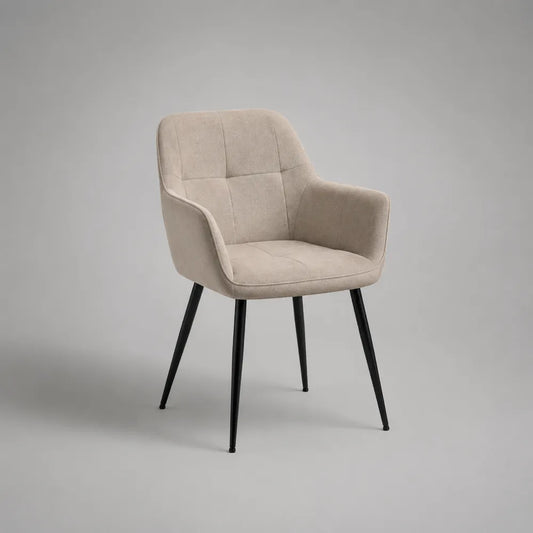 Poltroncina da pranzo imbottita con braccioli in tessuto beige e gambe in acciaio nero 58x62x84 cm