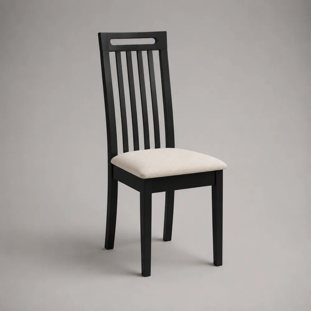 Sedia da pranzo con schienale alto a doghe in legno nero e seduta imbottita in tessuto beige 45x55x100 cm