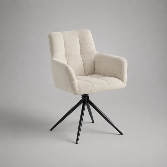 Poltroncina da pranzo imbottita in tessuto bouclé beige con braccioli e base girevole in acciaio nero 62 x 60 x 82 cm
