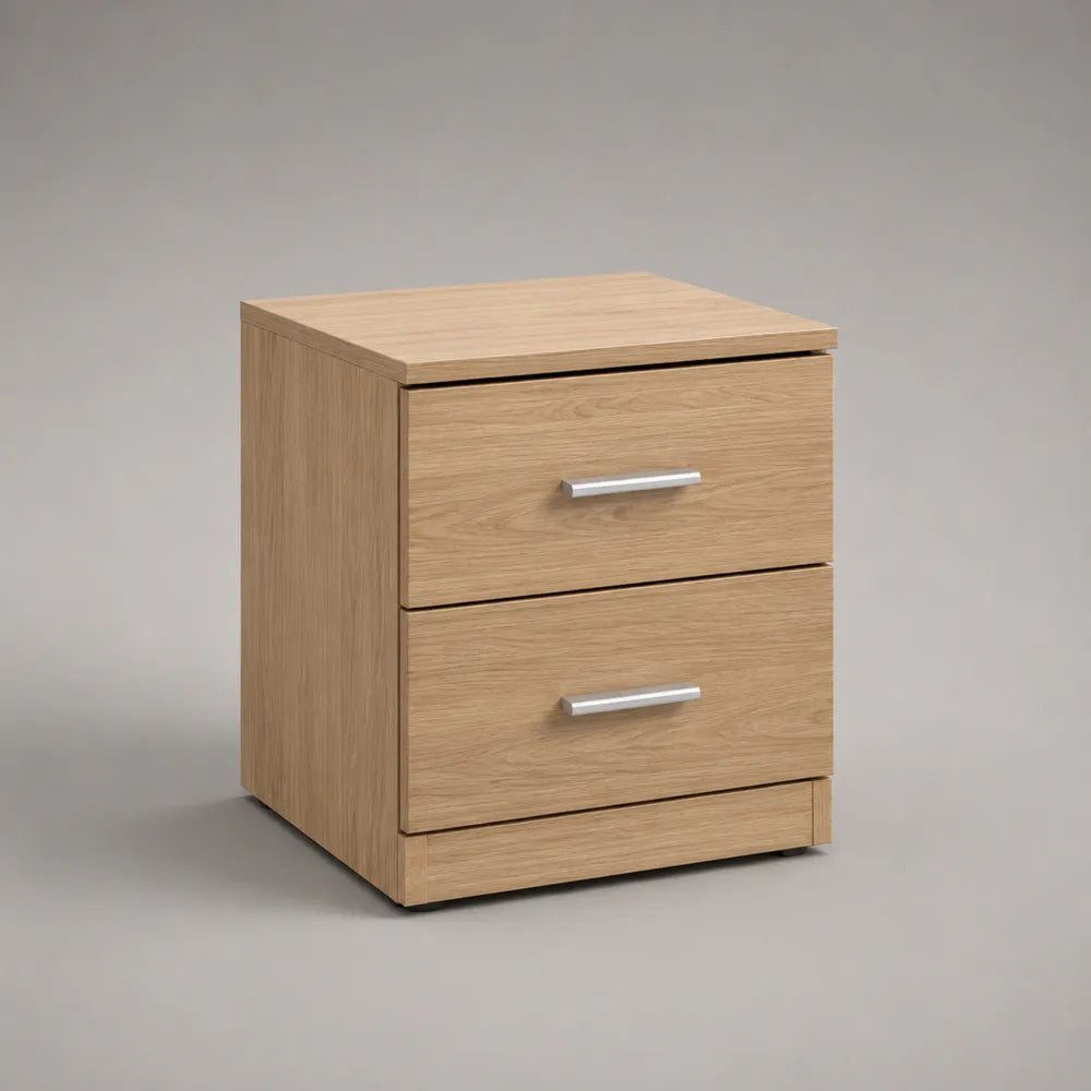 Comodino 2 cassetti in MDF effetto rovere chiaro 50x40x45 cm con maniglie metalliche struttura rettangolare