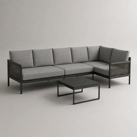 Divano angolare da giardino con tavolino in alluminio e rattan sintetico cuscini in poliestere grigio 280x220x75 cm