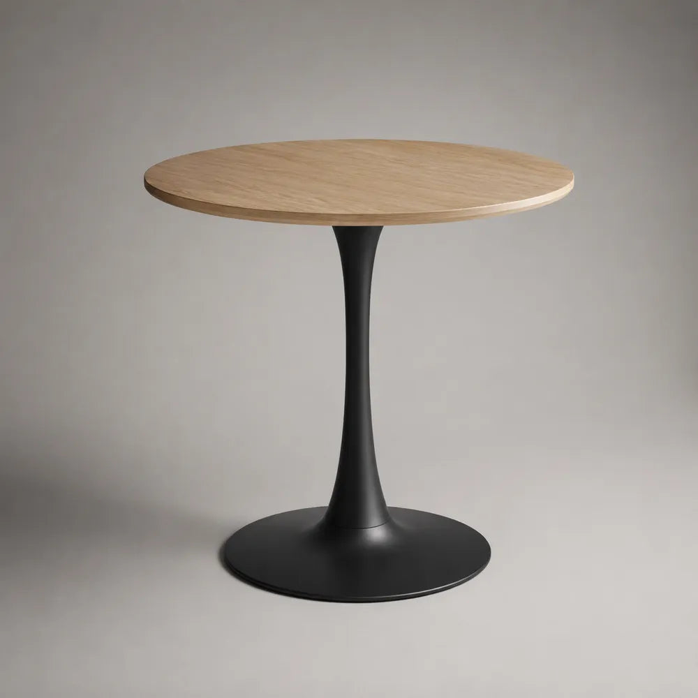 Tavolo da pranzo rotondo con piano effetto rovere e base centrale in acciaio nero diametro 90 cm altezza 75 cm