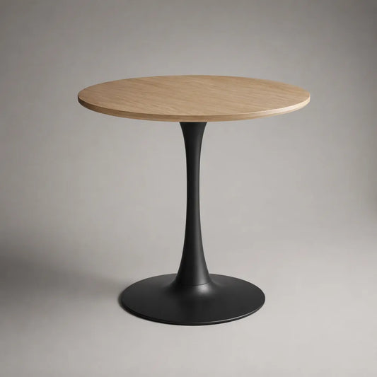 Tavolo da pranzo rotondo con piano effetto rovere e base centrale in acciaio nero diametro 90 cm altezza 75 cm