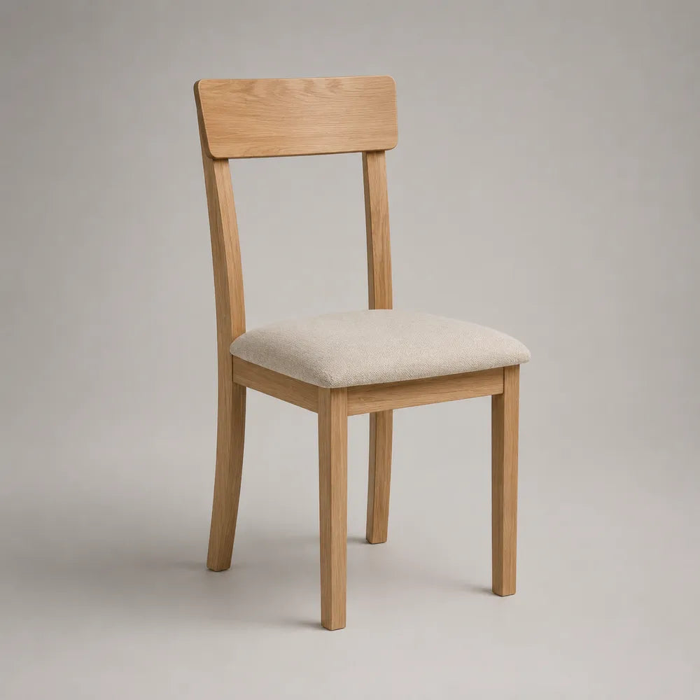 Sedia da pranzo in legno rovere naturale con seduta imbottita in tessuto beige 45 x 52 x 85 cm