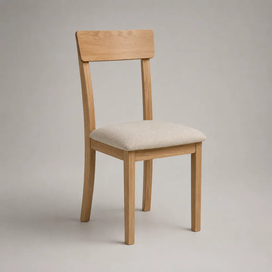 Sedia da pranzo in legno rovere naturale con seduta imbottita in tessuto beige 45 x 52 x 85 cm