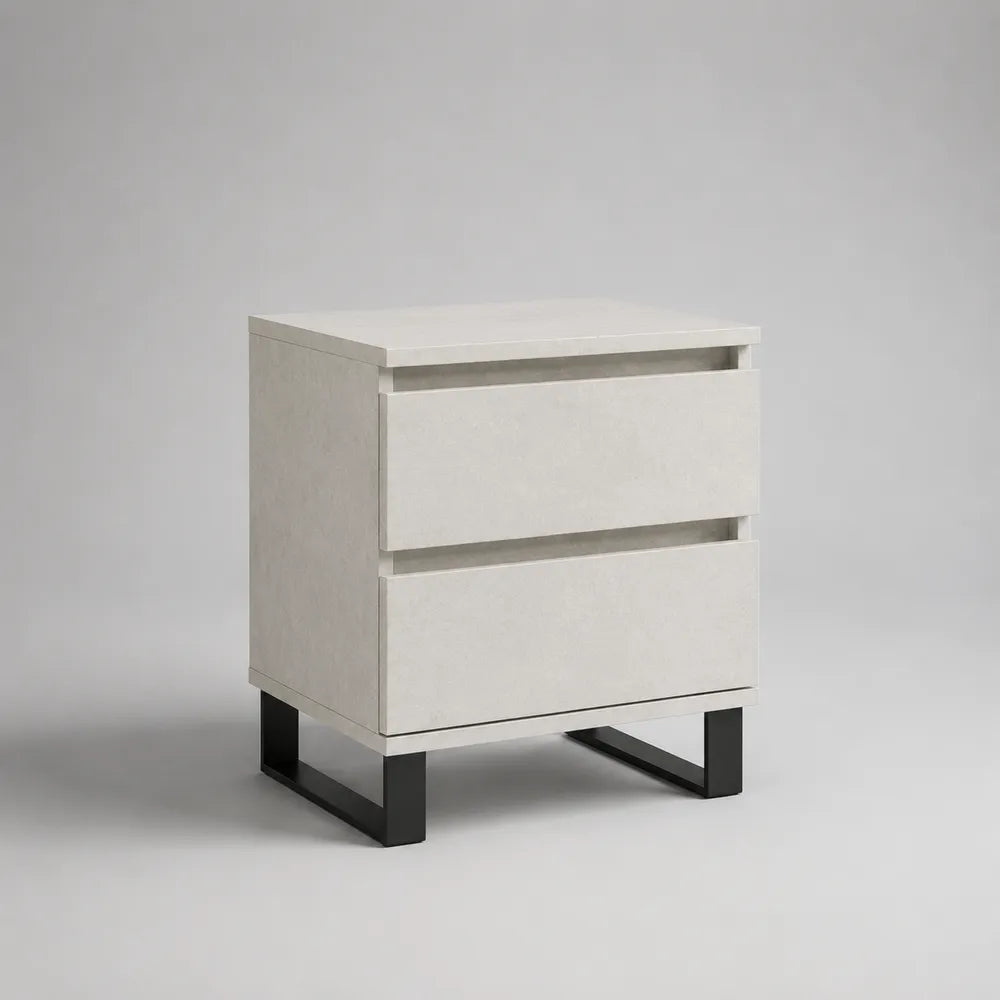 Comodino camera da letto in MDF bianco con 2 cassetti e struttura in acciaio nero 50 x 40 x 55 cm