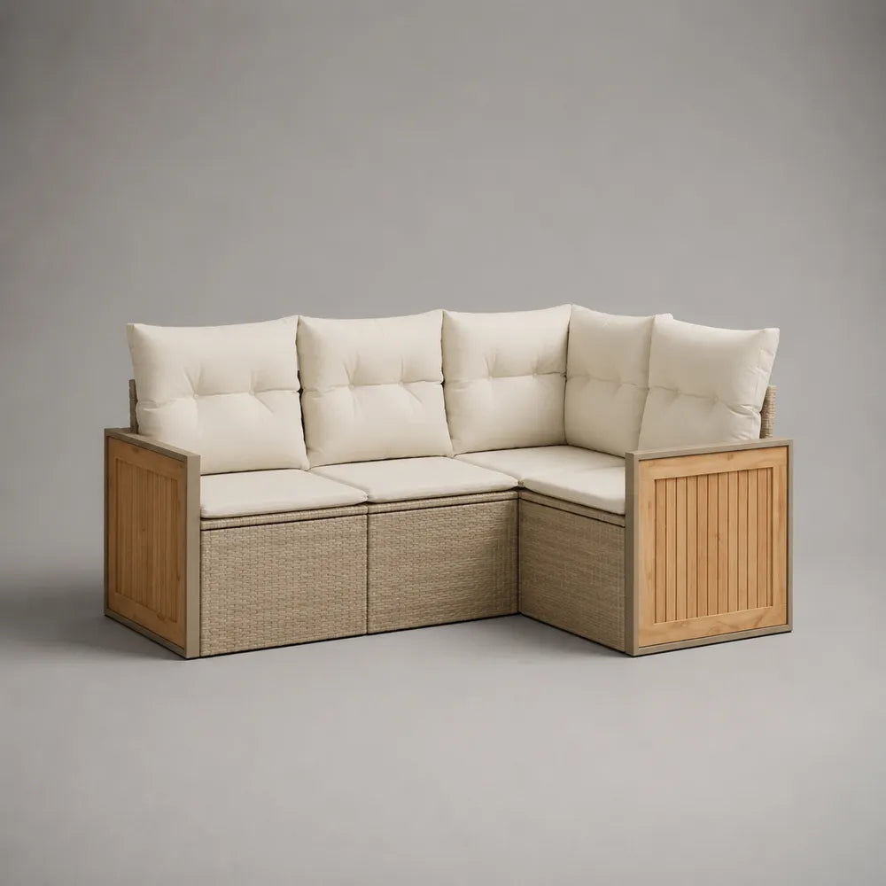 Divano da giardino modulare angolare in rattan sintetico beige con struttura in alluminio e cuscini imbottiti 280x200x75 cm