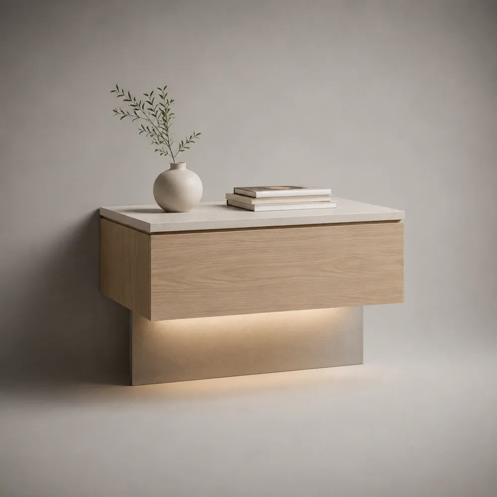 Comodino sospeso rettangolare 80x35x35 cm in MDF effetto rovere con piano bianco effetto pietra e cassetto