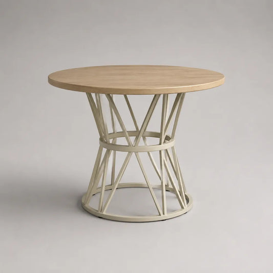 Tavolo da pranzo rotondo con piano effetto rovere e base in acciaio verniciato beige diametro 100 cm altezza 75 cm