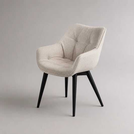 Poltroncina da pranzo imbottita con braccioli in tessuto beige e gambe in acciaio nero 56x60x82 cm
