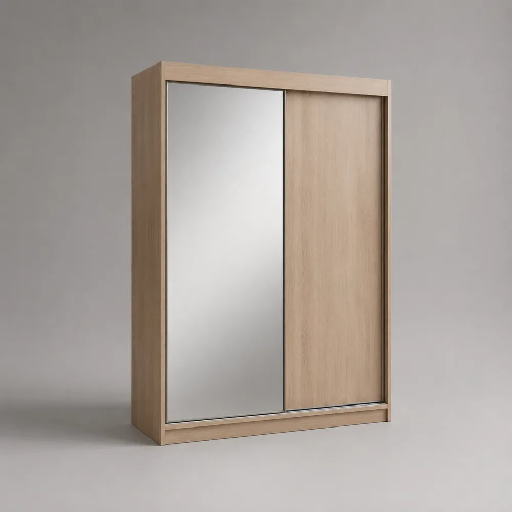 Armadio guardaroba con ante scorrevoli 2 porte in MDF effetto rovere chiaro con specchio rettangolare 200x60x210 cm