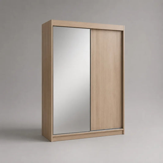Armadio guardaroba con ante scorrevoli 2 porte in MDF effetto rovere chiaro con specchio rettangolare 200x60x210 cm