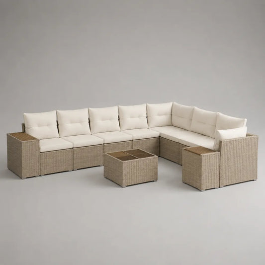 Divano da giardino modulare angolare in rattan sintetico con cuscini in poliestere beige bianco 400x300x75 cm